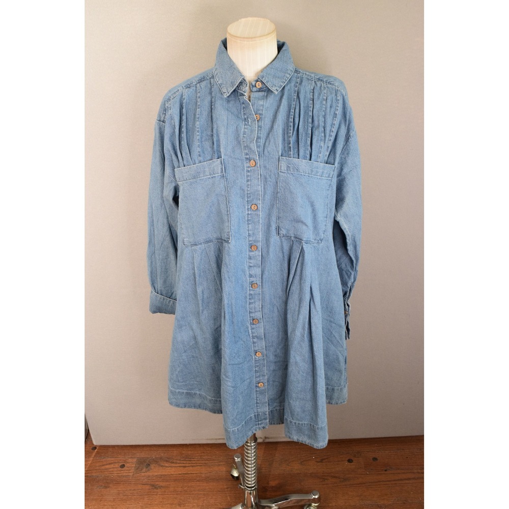 Free People The Denim Voyage Dress XS Blue Pleated Oversized Shirt Western  New